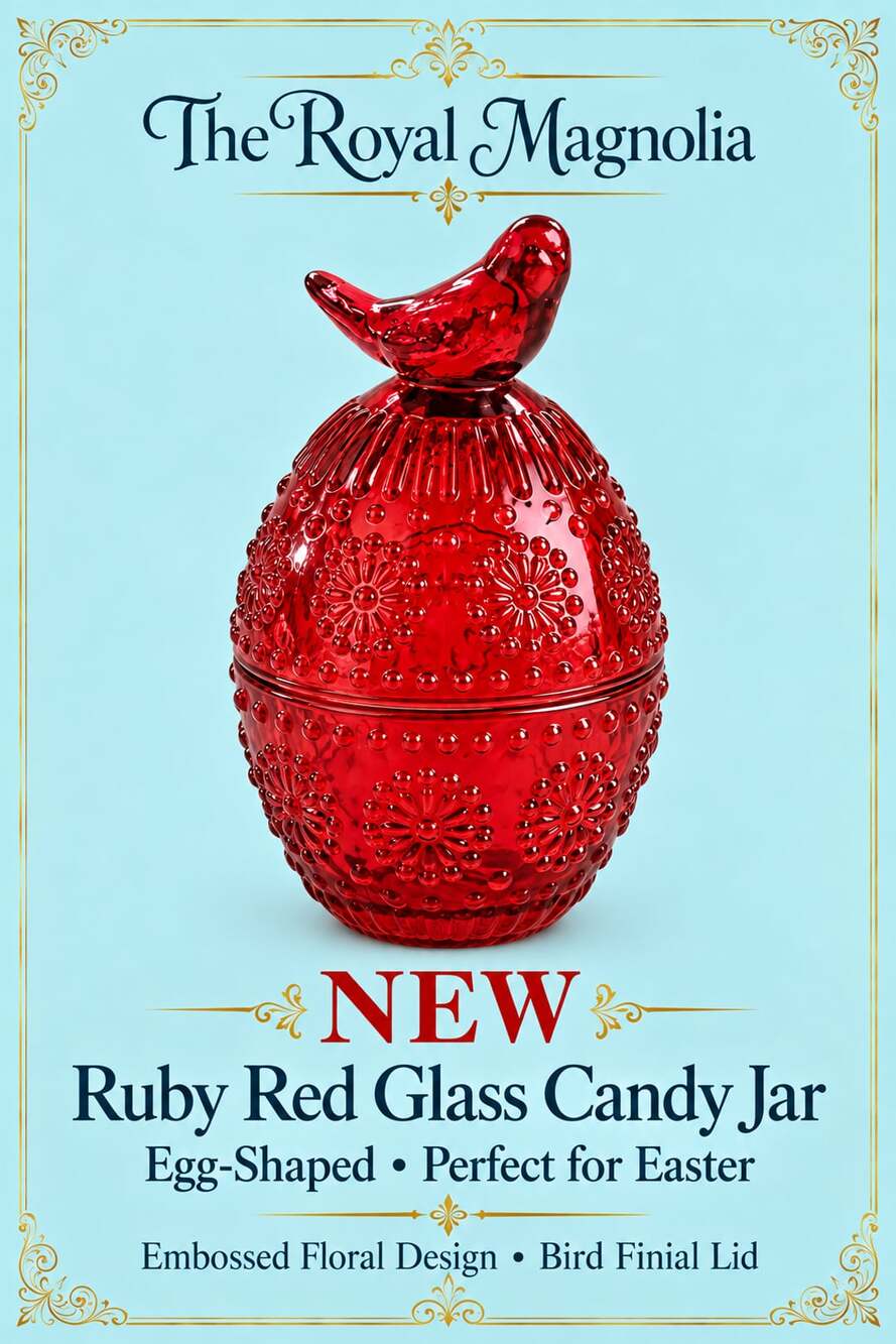 The Royal Magnolia Ruby Red Glass Candy Jar Egg-Shaped Bird Finial Lid